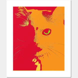 Red and orange retro abstract cat head illustration Posters and Art